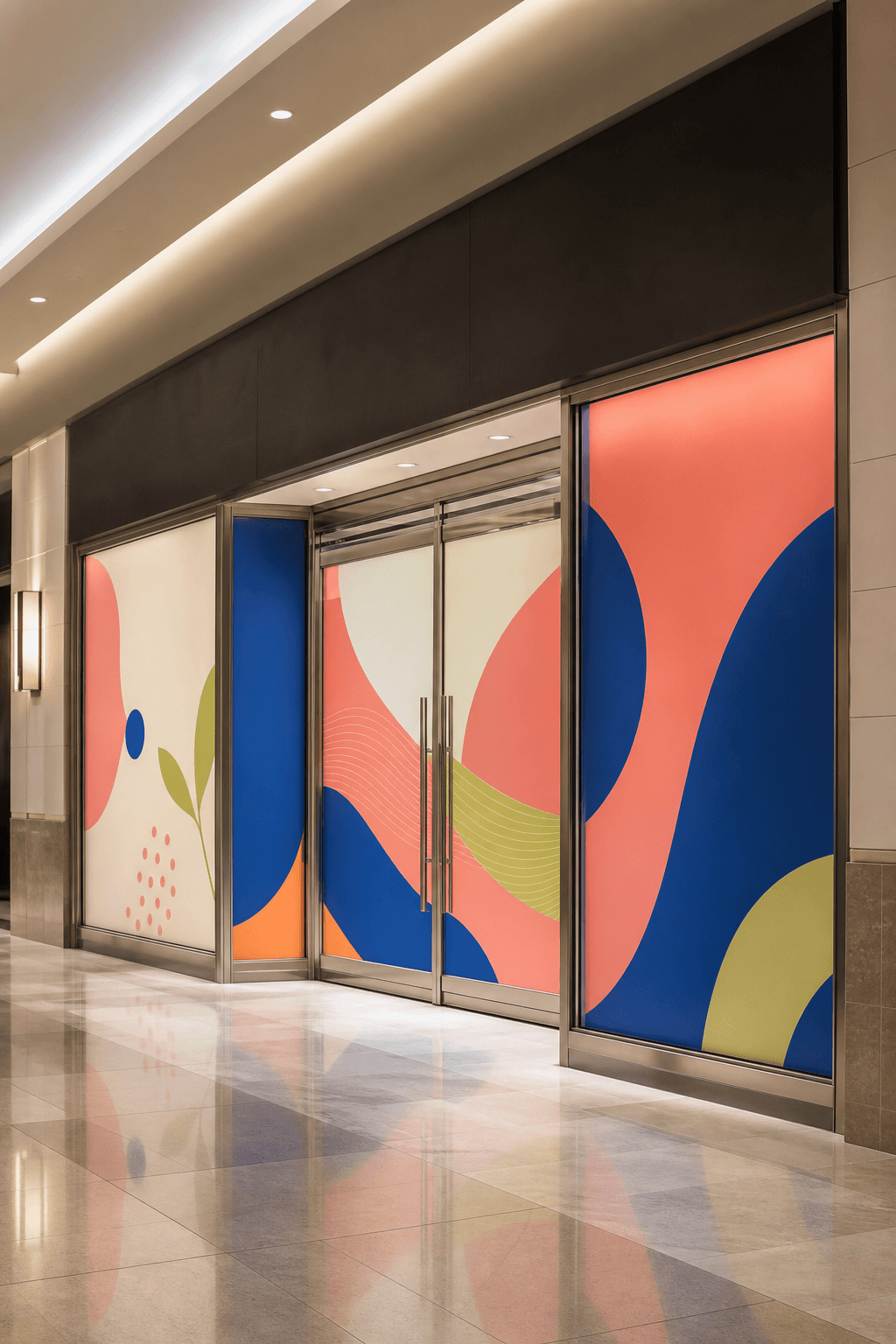 Wizualizacja witryny w galerii handlowej oklejonej kolorową grafiką